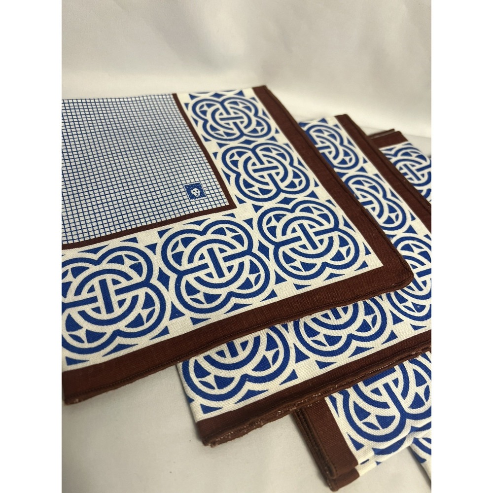 8 Vtg Anne Klein Celtic Knot  Cloth Napkins blue brown checkered designer decor